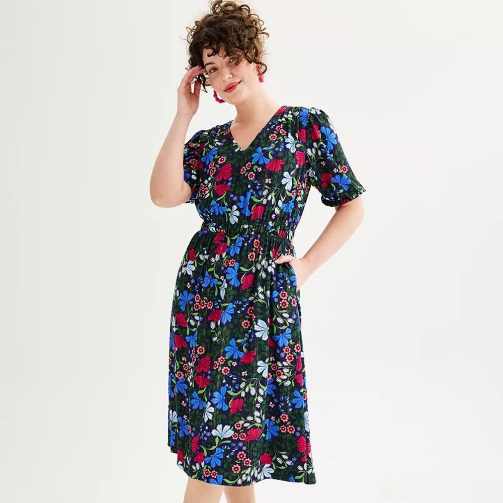 Draper James Elbow Sleeve Midi Dress in Navy Floral Multi Size XS
